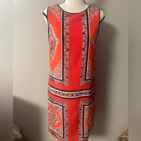 EUC Carmen Elegant Orange Patterned Sleeveless Dress, Lined with Zipper Back - Picture 11 of 12